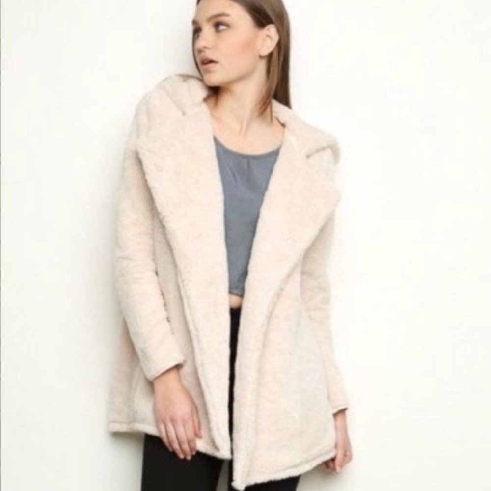 Brandy Melville Cream Teddy Hooded Faux Fur Jacket Coat